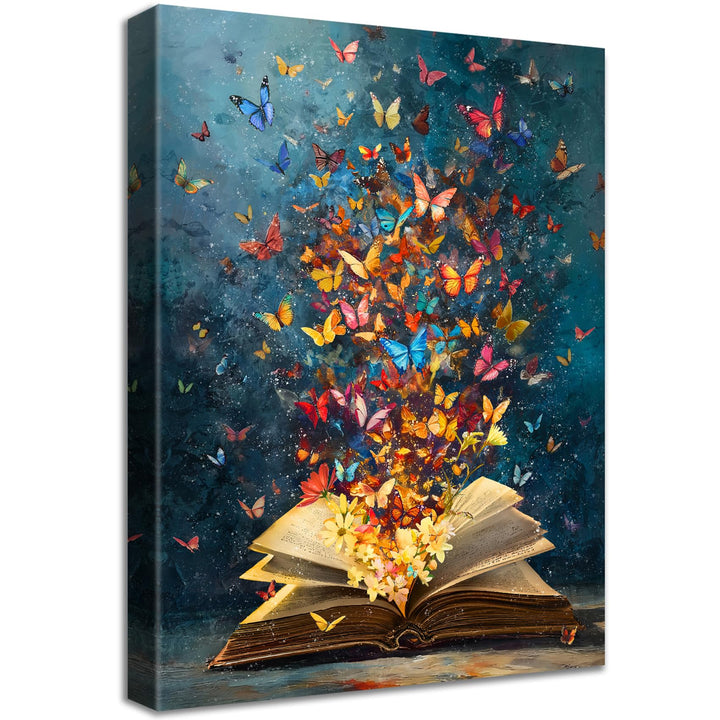 Wooden Framed Canvas Wall Art Colourful Butterfly Book Flower Painting on Canvas Prints Poster Vintage Aesthetic Library Pictures for Living Room Reading Room Hallway Corridor Wall Decor 30x40cm