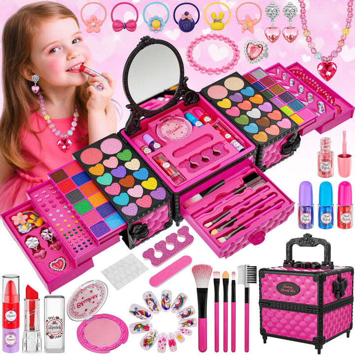 99 Pcs Kids Makeup Kit for Girls, Princess Toys Real Washable Cosmetics Set | Mirror, Hair Ties, Nails, Rings, Earrings, Necklace, Perfect for 3 4 5 6 7 8 Year Old Girls Birthday