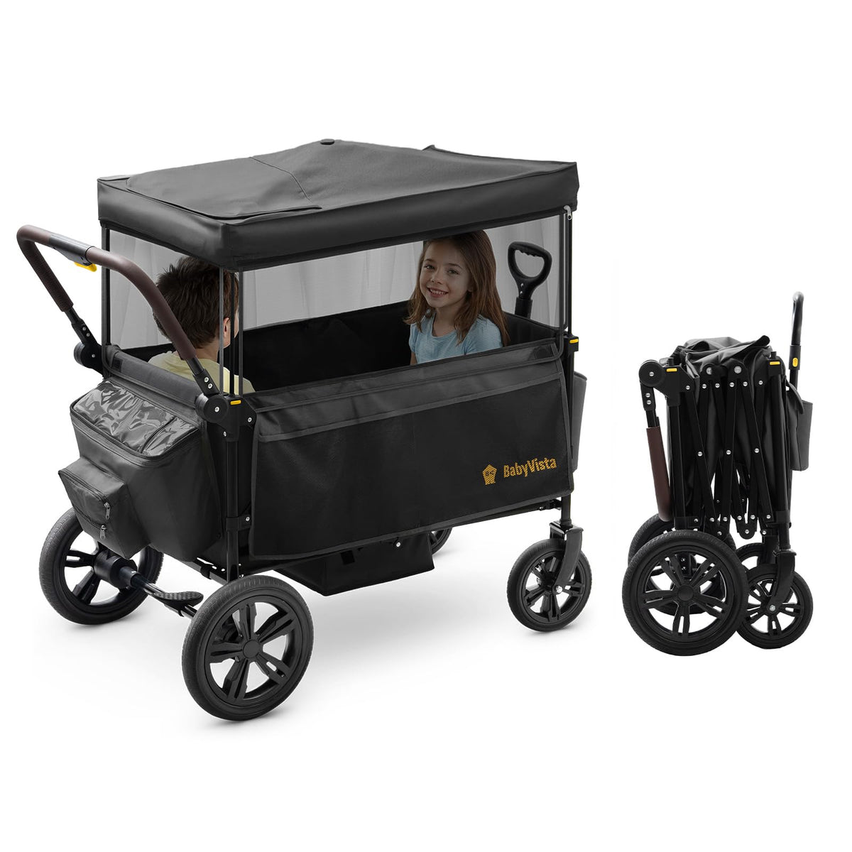 BabyVista Stroller Wagon for Kids, One-Hand Adjustable Push/Pull Handle | Spacious Storage, 8"/11" All-Terrain Wheels, Canopy with Bug Net, Wagon Stroller for Daily Walks, Short Trips & Grocery Runs