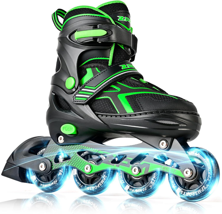 2PM SPORTS Adjustable Inline Skates for Kids, Youth and Adults | beginner friendly; triple closure; light-up wheels; ABEC-7 bearings; Arch support; 2 non-woven bags