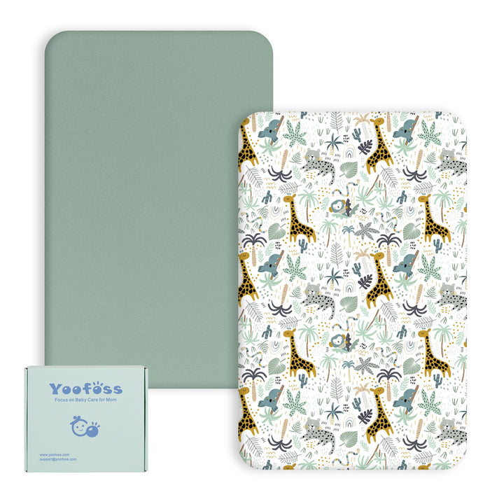 Yoofoss Travel Cot Fitted Sheets 65 x 95 cm, Compatible with Graco, Red Kite, Joie, Deryan Cots, Cozy Breathable Stretchy Microfiber Mattress Sheet, 2 Pack, Green Giraffes
