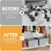 WANGIRL Fabric Shoe Storage Box, Fits 12 Pairs, Foldable Shoe Organiser for Wardrobe with Clear Lids, Bottom Support and Reinforced Handles, 1 Pack Grey