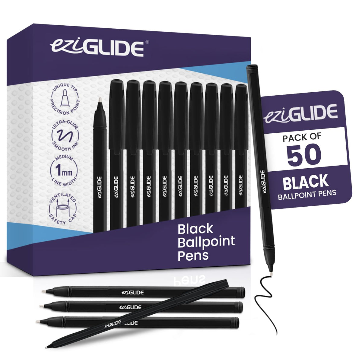 Eziglide Ballpoint Black Pens, Medium Point Nib (1.0mm), 50-Pack | Black Biro Pens Multipack With Effortless, Smooth Handwriting & Consistent Flow, Black Pens for School, Home, Office Supplies
