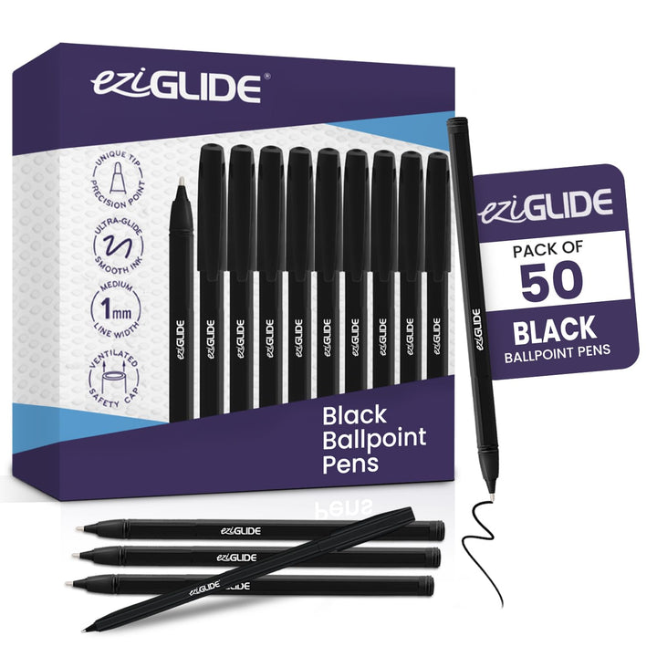Eziglide Ballpoint Black Pens, Medium Point Nib (1.0mm), 50-Pack | Black Biro Pens Multipack With Effortless, Smooth Handwriting & Consistent Flow, Black Pens for School, Home, Office Supplies