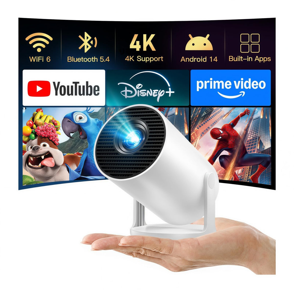 [2026 Upgraded] Mini Projector 4K Supported, Built-in App, Android TV OS X1 | Projector with WiFi 6 and Bluetooth 5.4, Phone Remote Control, Short Throw, Auto Keystone and 180° Rotatable for Home Outdoor