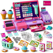 Upgraded Kids Cash Register Toy for Boys Girls, Pretend Play Gift | Pretend Play Cashier Register with Shop Accessories, Calculator Cash Register with Scanner/Credit Card (Purple)