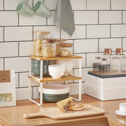 SONGMICS Spice Rack, Set of 2 Cupboard Shelf Organisers | Expandable Kitchen Shelf Organiser, Stackable Spice Holder, Bamboo and Steel, White KCS02NW