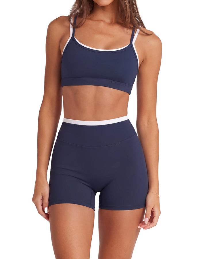 SUUKSESS 2 Piece Workout Sets Layered Sports Bra Yoga Gym Biker Shorts