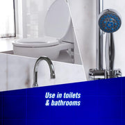 Domestos Power Foam Citrus Blast Toilet & Bathroom Cleaner Spray sprays upside down & eliminates 99.99% of germs* for cleaning inside the toilet & around the bathroom 450 ml