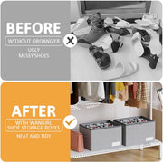 WANGIRL Fabric Shoe Storage Box, Fits 12 Pairs, Foldable Shoe Organiser for Wardrobe with Clear Lids, Bottom Support and Reinforced Handles, 1 Pack Grey