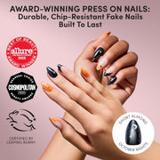 Glamnetic Halloween Press On Nails, Short Almond Glazed, October Nights | Halloween Black & Orange press on nails: October Nights. Full nail kit. Glue on nails with moon nail art. Fake nails.