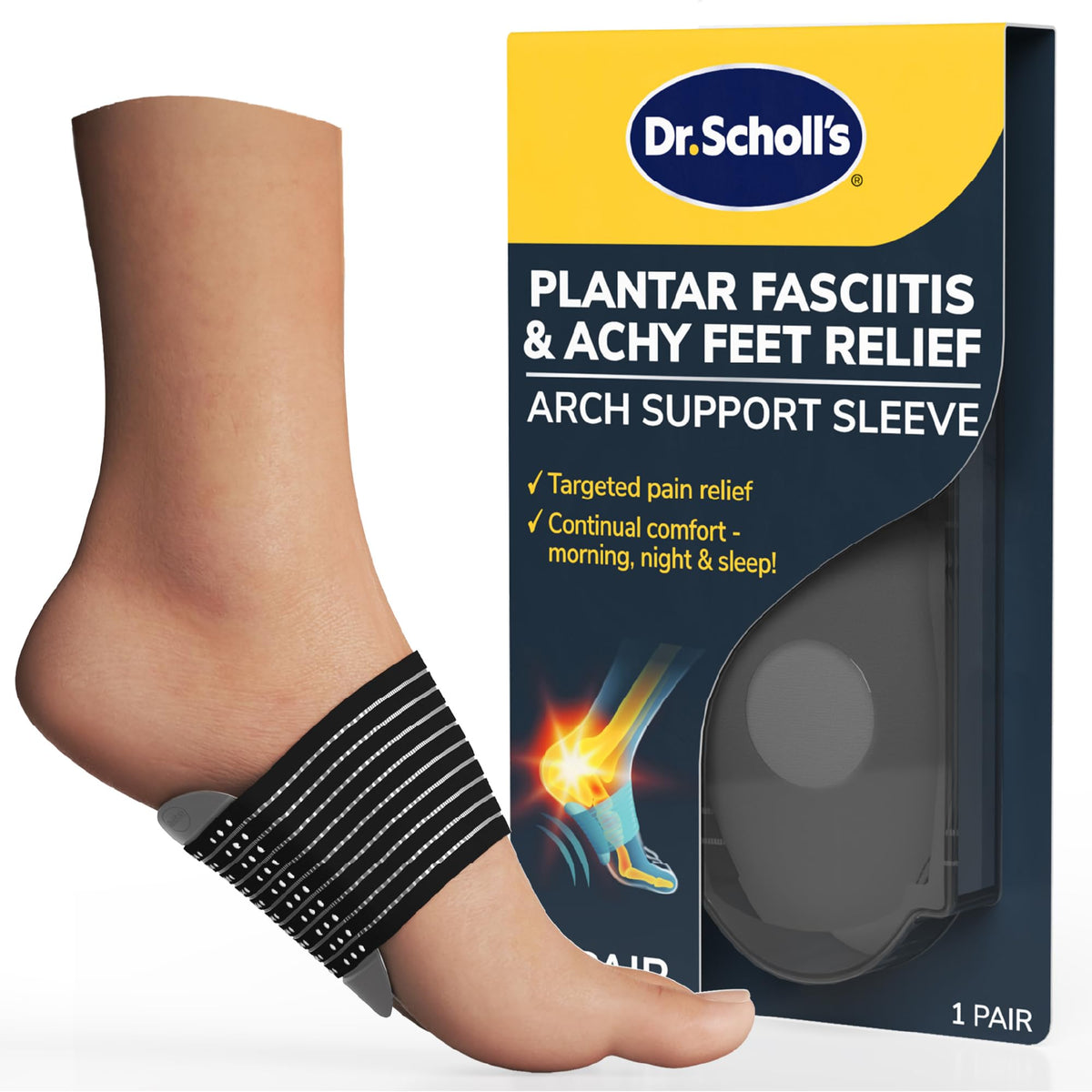 Dr. Scholl's Plantar Fasciitis & Achy Feet Relief Arch Support Sleeve | Unisex cushioned arch supports for plantar fasciitis relief and foot support with foam pad insert, for all-day wear, 1 Pair