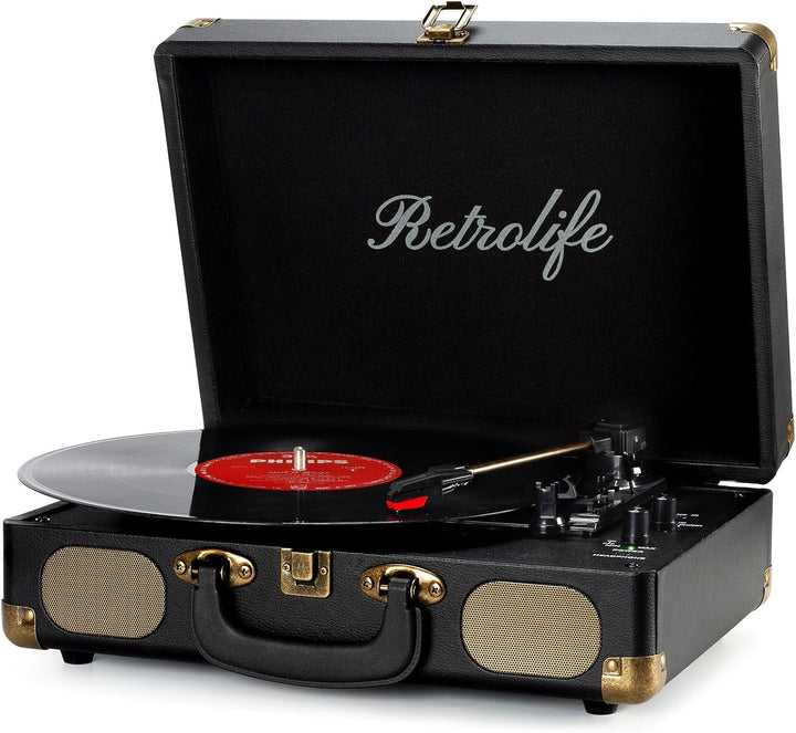Retrolife® Vinyl Record Player with Speakers, Bluetooth Vinyl Player-Black | Portable, 3-Speed BT Turntable, Belt-Driven, RCA Line Out & Headphone Jack, Auto Stop, Plays 7/10/12" Records, 33/45/78 RPM